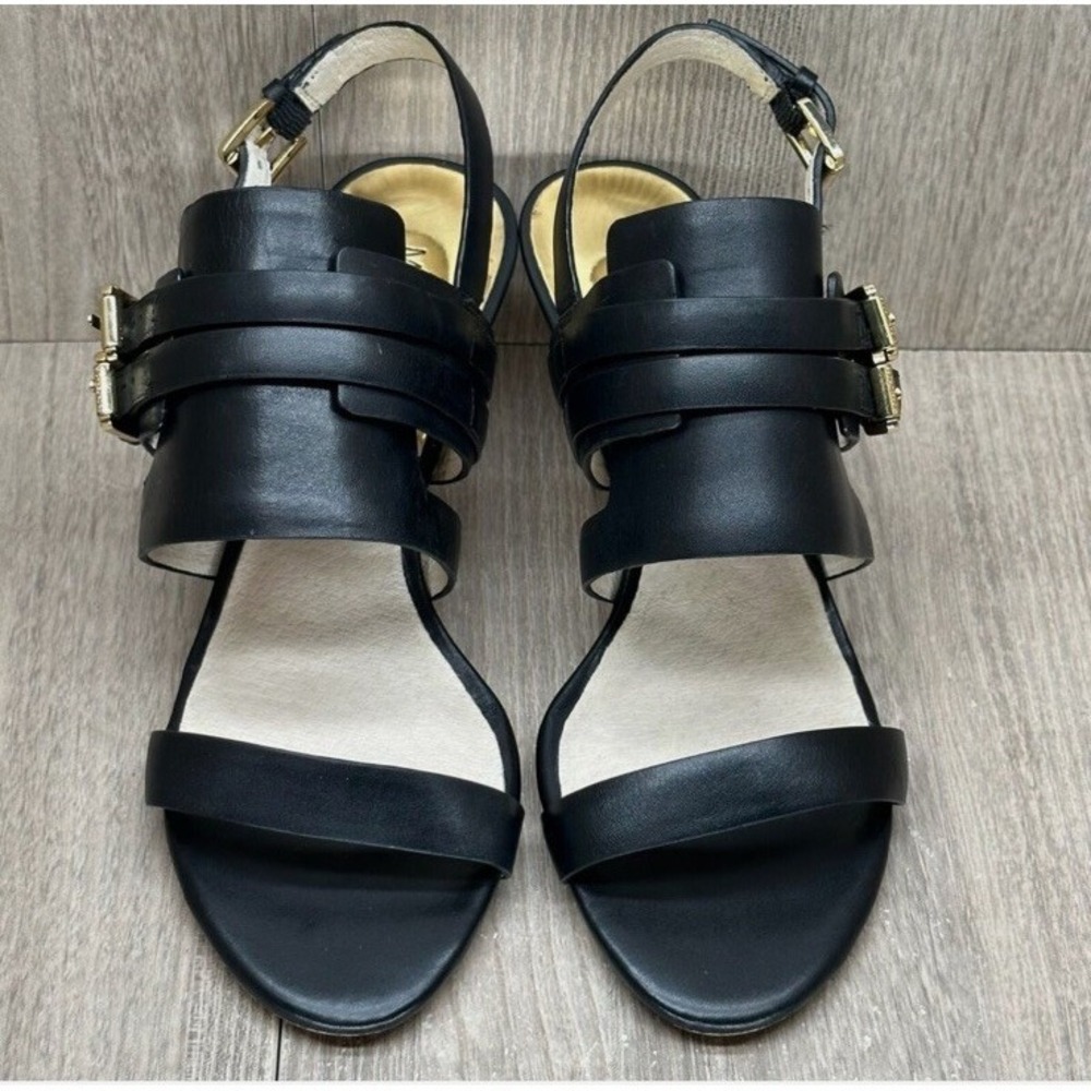 Michael Kors Sandals Sz 11 Melanie Gold Buckle Slingback Stiletto Leather Black - Picture 6 of 16